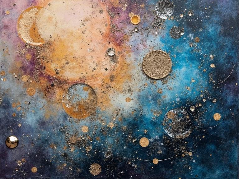Artistic representation of a cosmic scene. Features textured splashes with gold and silver elements. Mixed media collage. Close-up of layered textures, depicting planets in a dreamlike galaxy.