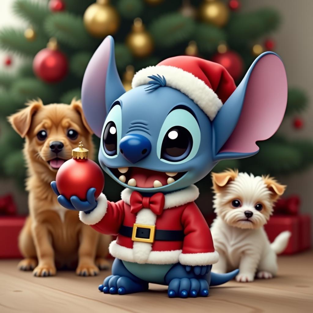 Colorful character similar to Stitch in a Santa outfit holds a Christmas bauble. Background features a decorated Christmas tree. Two cute dogs, a long-haired chihuahua and a mini Labrador, along with a maltipoo, are present in the scene.