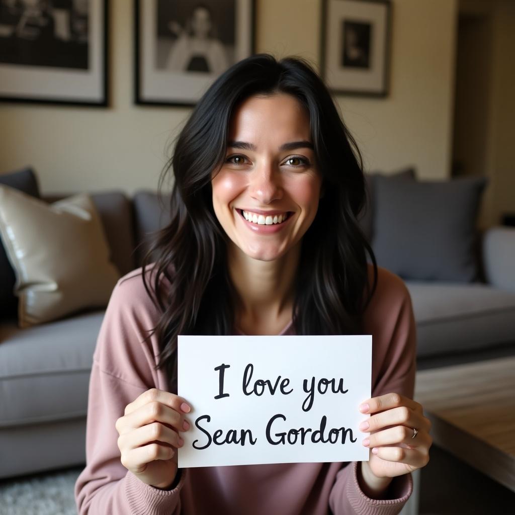 A woman is smiling while holding a sign. The sign says 'I love you Sean Gordon'. She is sitting on a couch in a cozy living room.