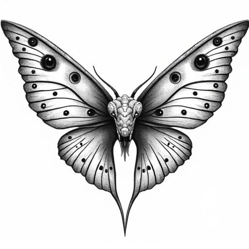 Epic mystical black line tattoo design under the breasts. Central figure is a viper head with anatomical details. Wide triangular shape flat crown rough scales slit pupils venom fangs open mouth third eye. Large butterfly wings extend symmetrically from viper's head. Ornate dramatic wings follow the chest’s curve. Eye-like patterns on wings for camouflage effect. Overall balanced powerful mystical design. High-resolution black linework on white background.