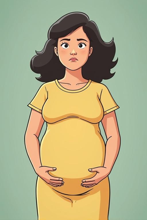 Female character with long hair standing with hands on belly. Character appears thoughtful. Dressed in a simple yellow shirt.