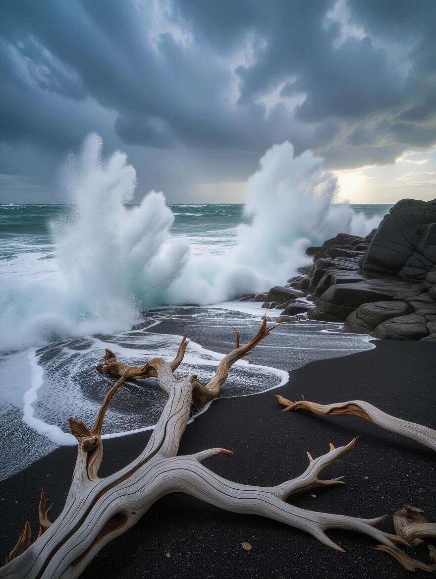 Dramatic coastal scene during approaching storm. Weathered driftwood lies on dark wet sand. Powerful waves crash against jagged rocks. Sea foam splashes dramatically. Dark storm clouds dominate the background. Light breaks through clouds, creating god rays over turbulent ocean. Captured with high shutter speed.