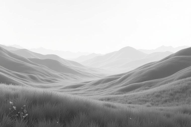Top view of a grayscale heightmap depicting a serene grassland landscape. The landscape features gentle rolling hills with subtle elevation changes. It is suitable for anime-style terrain visualization. The scene shows a vast open field with soft undulations and minimal vegetation, reflecting a peaceful environment. Sharp cliffs and deep valleys are avoided.