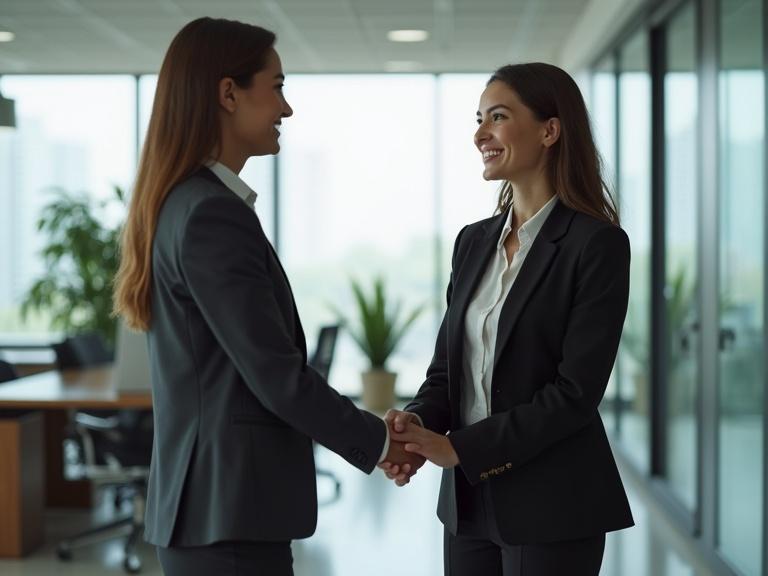 Two businesswomen shake hands in a modern office setting. Expressions are friendly and professional. Background shows an open office space with plants and glass walls.