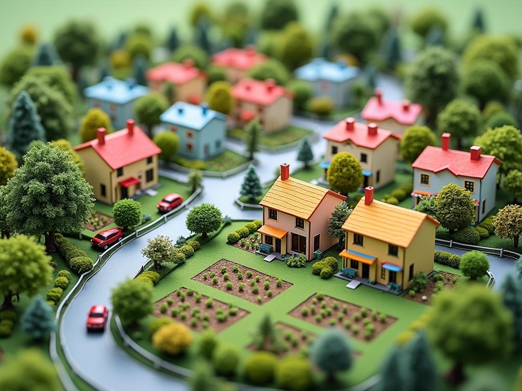 This is a colorful and detailed model of a neighborhood layout. The design includes various residential buildings scattered across a green landscape, indicating gardens and yards. There are visible pathways and streets connecting the homes, with parked cars along the roads. Community gardens or plots for planting are evident, showcasing a sense of communal agriculture. The neighborhood appears peaceful with ample greenery, suggestive of a suburban environment where families might live and play.