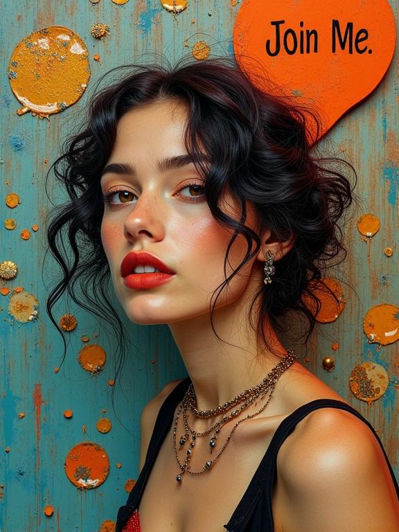 Portrait of a young woman with textured hair wearing jewelry. Model has bright makeup and red lips. The background is a colorful, textured wall with orange splashes. The image includes a speech bubble with text saying 'Join Me'.