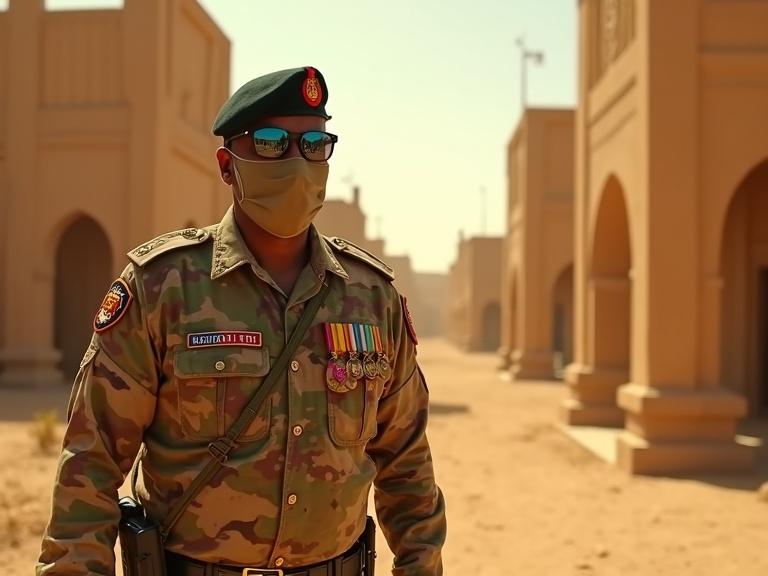 A Sudanese trader steps out of an administrative building in a desert military compound. Wearing a camouflage uniform with medals, beret, reflective sunglasses, and a face mask. Golden desert and sturdy compound walls in the background under a bright sun. High-quality realistic photography with warm lighting and depth of field.