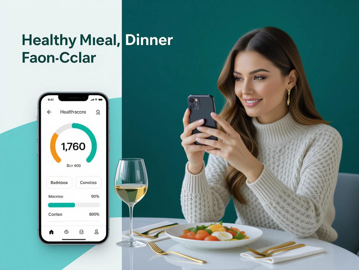 Photorealistic image of a woman in her 30s holding a smartphone. She takes photo of a healthy meal on a table. Golden cutlery is visible. The background is dark green and blue. The woman looks left. Image conveys modern technology and healthy dining.