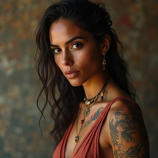 Portrait of a woman with long hair wearing an elegant dress. She has notable tattoos and accessories. The background is textured and atmospheric.