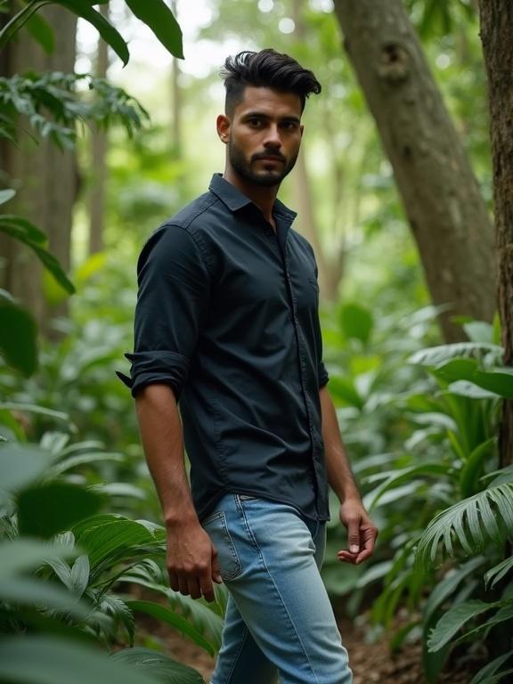 A model walks through a lush jungle wearing a dark shirt and light blue jeans. He looks back at the camera with confidence.