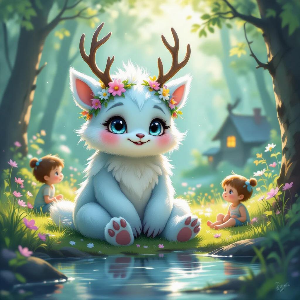 A soft-furred forest creature with antlers and a flower crown is seated in a sunlit clearing. Nearby, two children play without noticing the creature's dark reflection revealing its sharp teeth. A village emits dark smoke in the distance. The scene is atmospheric with soft lighting and painterly style.