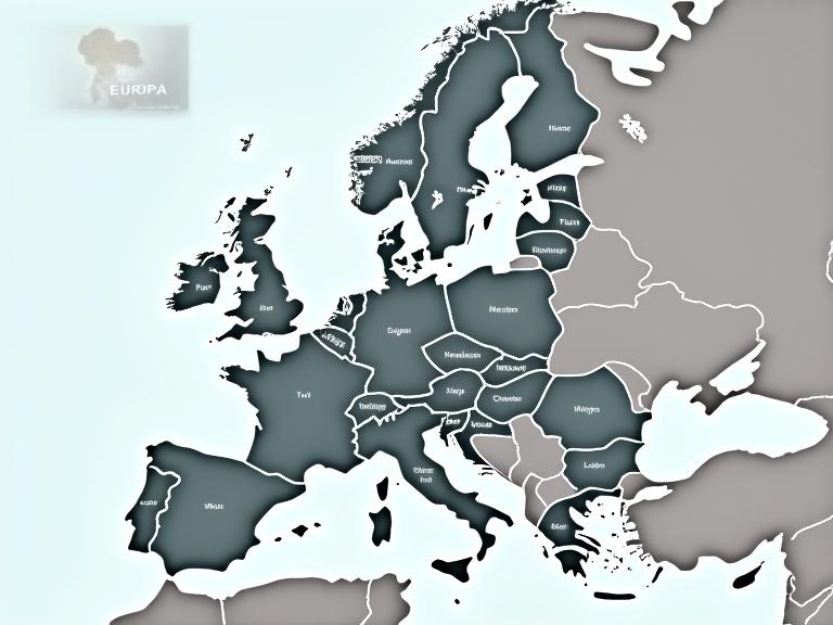 A geographical map of Europe with all countries highlighted clearly. No other land features are present. Simple design highlighting only the European continent. Soft color tones used to emphasize the regions.