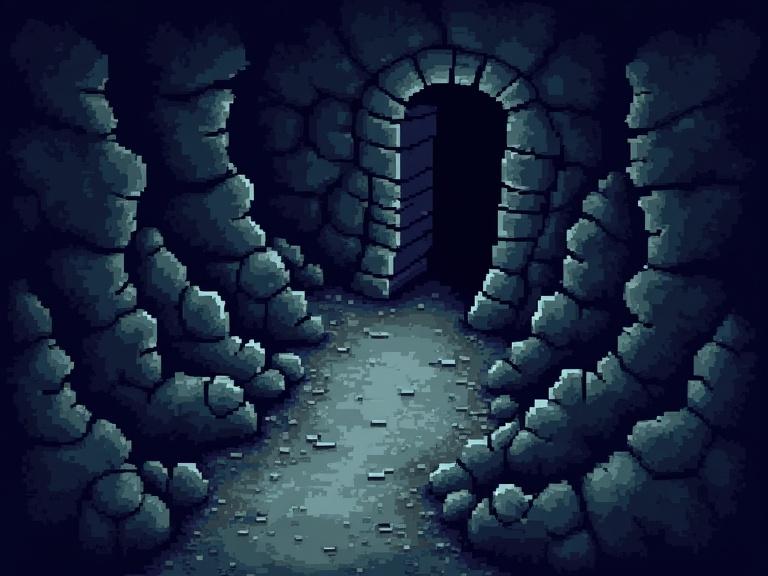 An 8-bit pixel game style cave has walls with various paths. There is an entrance and an exit. The setting is mysterious and shown from a top view.