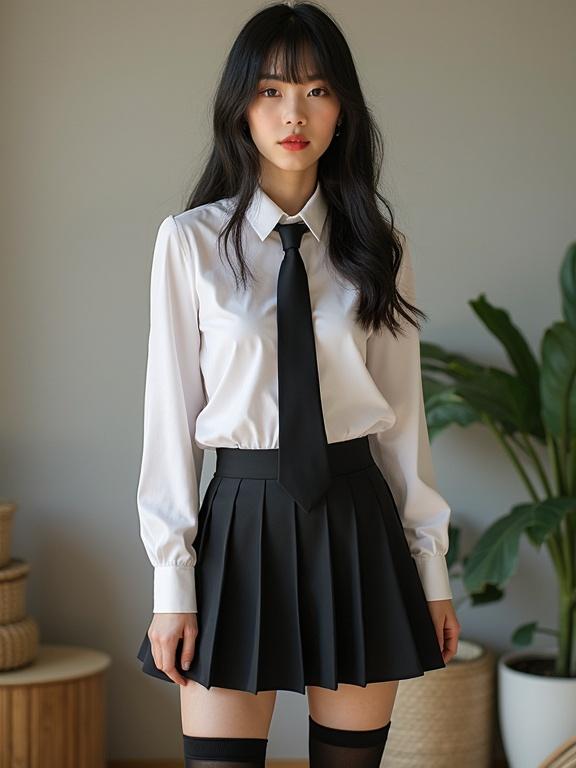 A young woman wears a white blouse with a black tie and a black pleated skirt paired with thigh-high socks. The outfit is stylish and youthful. Natural light creates a soft atmosphere in a clean setting.