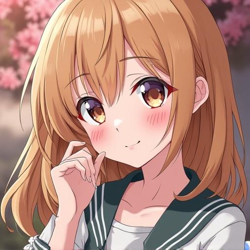 Portrait of a cute anime girl with long hair wearing a school uniform. Soft expression with a friendly smile. Background features pink blossoms.