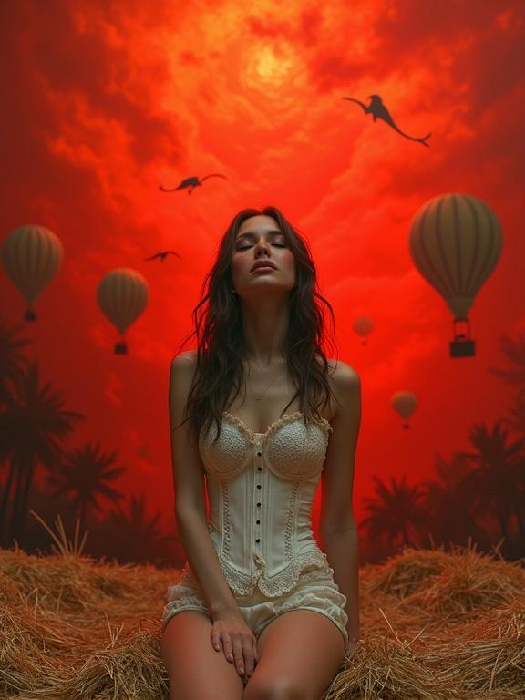 A young woman kneeling in hay. She has brown hair and closed eyes. She wears a white lace corset and shorts. Background features a vibrant red painting with fantastical creatures and hot air balloons. Illustration includes dramatic light and intricate details. Low angle shot with slight tilt.