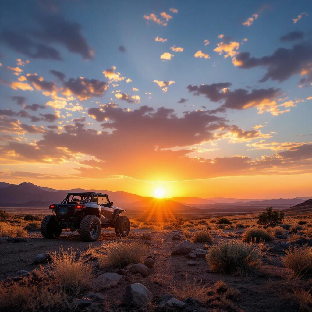 captivating epic artwork with a sunset and a vehicle in a raw photo