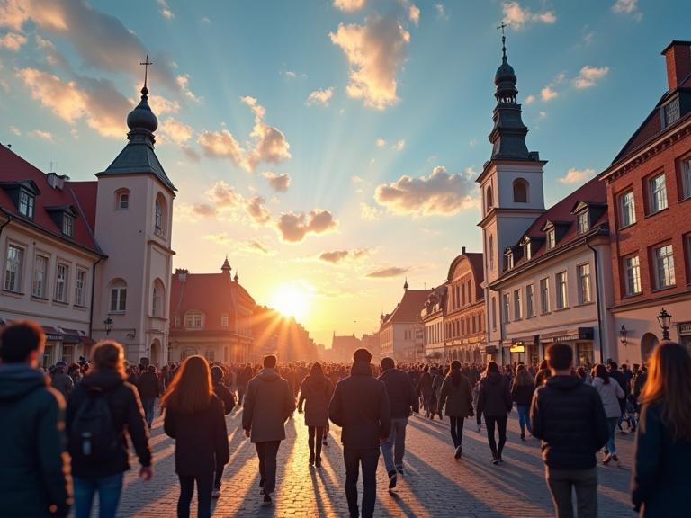 Photorealistic depiction of a busy street in Erfurt during sunset. People walking leisurely towards the sunset. Historical buildings on both sides of the street. Emphasis on youth and energy in the crowd without any text.