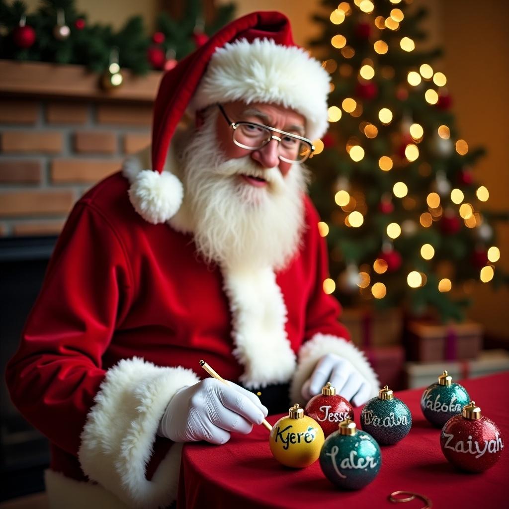 An image of Santa Claus in a cozy, festive setting. He wears his classic red suit and has a cheerful white beard. Santa is focused on writing names on shiny, colorful baubles. The background features a beautifully lit Christmas tree, adding to the warm atmosphere. This scene embodies the joy of personalized holiday decorations and the spirit of giving during the festive season.