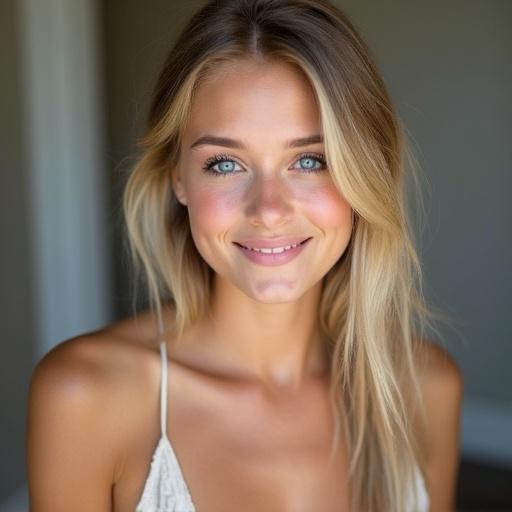 A young woman with blonde hair and blue eyes wearing a minidress and ankle boots. She has natural makeup and is smiling while looking at the camera.