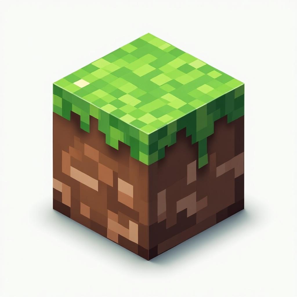 3D cube with green grass and brown dirt texture. Represents Minecraft logo. Pixelated design.