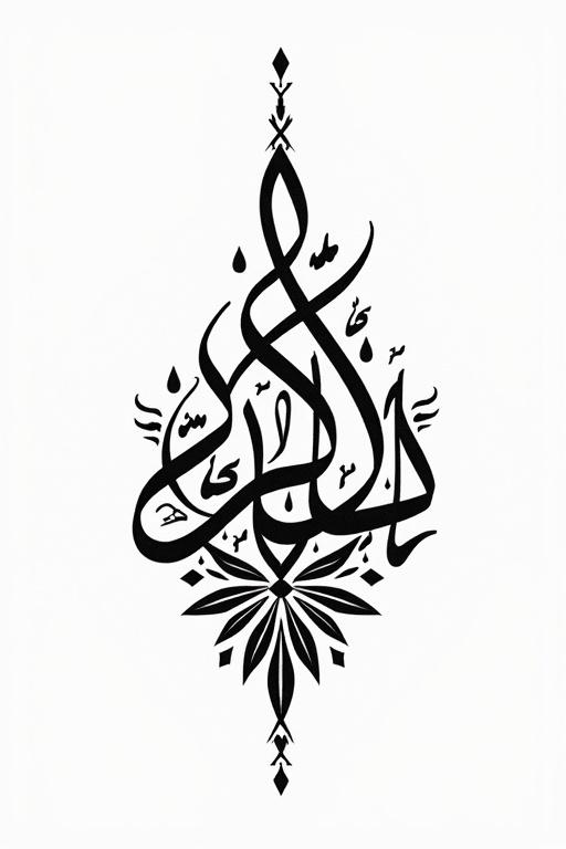 Create calligraphy art using Diwani style. Elegant and intricate design. Focus on beauty of Arabic script. Words مقاومة in lower part. Words إبداع in upper part. Flower-like shape made only by letters. Clean and artistic for tattoo idea.