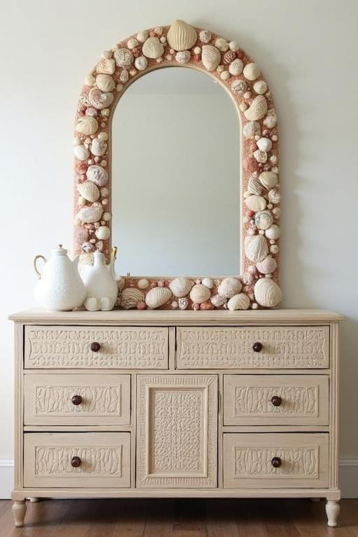 Art Deco inspired dresser with sea shell mirror. Shells frame the mirror beautifully. Beige dresser with intricate carvings. Natural light enhances the scene.
