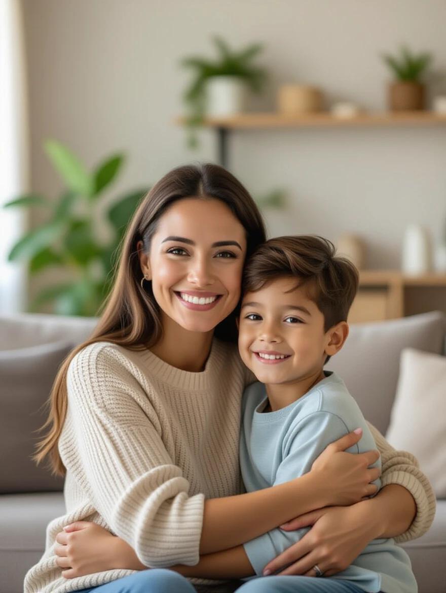 A mother and her son embrace in their living room. They smile at the camera. The living room has modern furniture and green plants. It showcases realistic photography with soft natural colors. Happiness and love are conveyed.