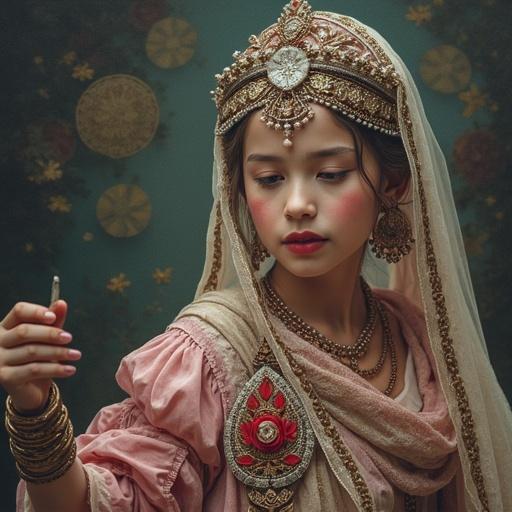 Portrait of a young woman wearing ornate traditional attire. The woman wears a decorative headpiece and intricate jewelry. Soft background with a warm color palette. Elegant and ethereal atmosphere.
