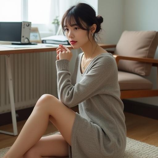 Stylish Japanese actress with straight bangs wears a fitted wool micro mini bodycon dress. Hair is loosely tied in a casual bun. Features simple accessories like a long necklace and single earring. Sitting on the floor with knee raised to chest in an office setting.