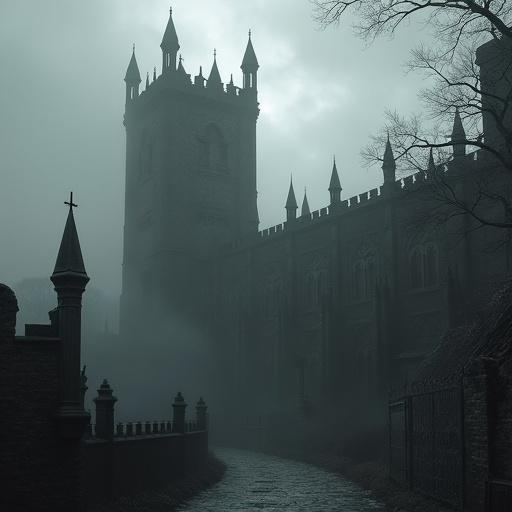 Dark and eerie illustration of a castle. Mist envelops the area. Ominous atmosphere with shadowy details. Gothic architecture with crenellations. High angle perspective shows a winding path. Grey and black color palette dominates the scene.