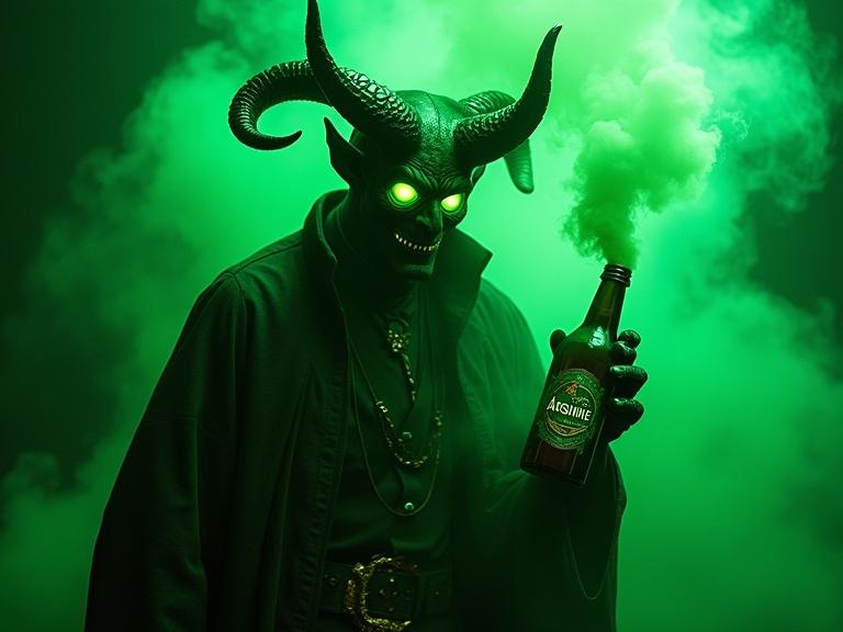 Demon exudes toxic green fog. Eyes glow green with the undead appearance. Holds bottle labeled absinthe in 1800's style. Dark colored clothing enhances the eerie atmosphere.