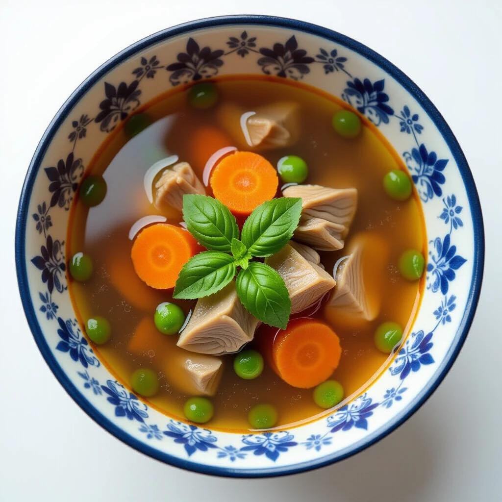 A bowl filled with soup containing cubes of protein slices colorful carrots and green peas garnished with fresh basil leaves