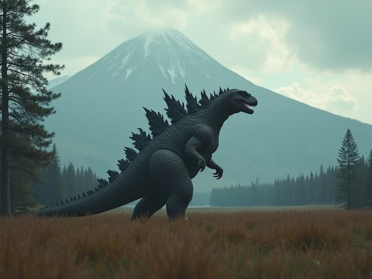 A large dinosaur-like creature walks in a grassy field surrounded by trees and a mountainous background. The atmosphere is cloudy and cinematic with a dark tone.