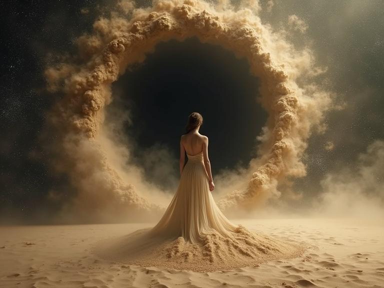 A beautiful woman in a flowing dress stands with her back to the viewer. She is dissolving into a swirling sand vortex resembling a black hole. The image features elaborate details and evokes the theme of the sand of time within a surreal spacetime context.