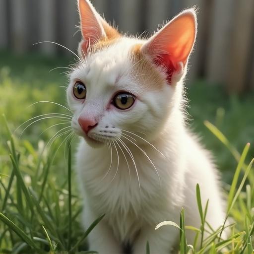 A playful white kitten sitting on green grass. The kitten has a soft expression and large, curious eyes. The sunlight gives a warm atmosphere. The background is blurred with hints of greenery.