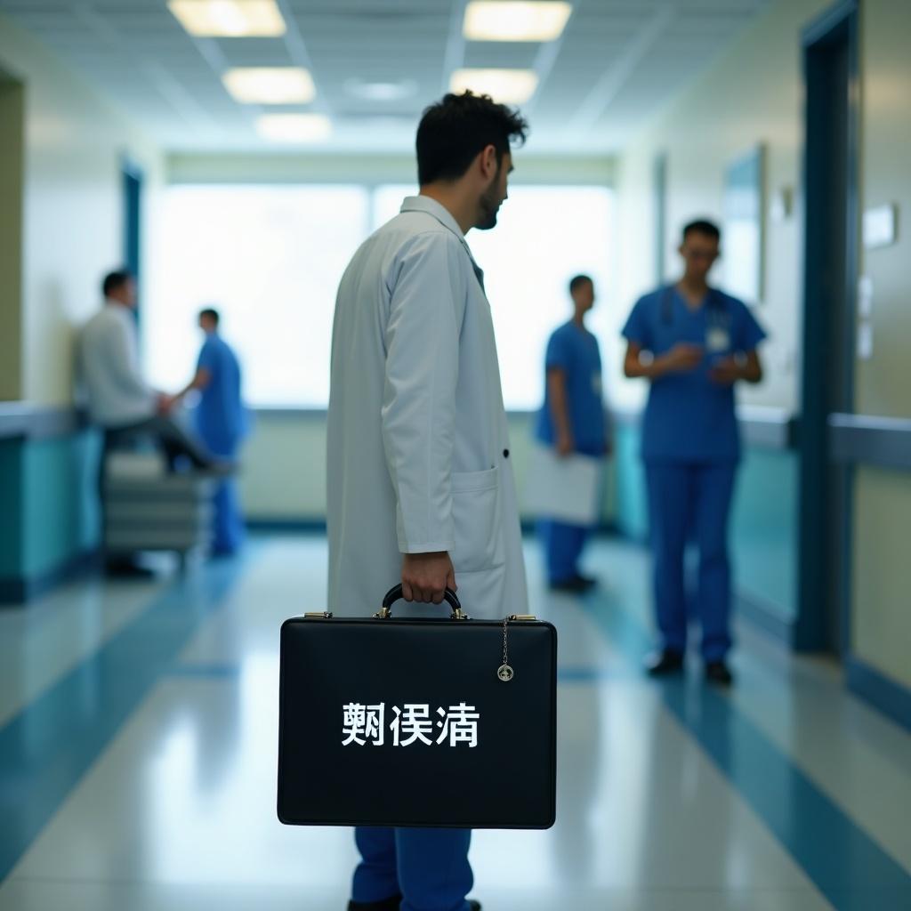 Doctor in a hospital. Holding a briefcase with Chinese text. Background shows medical staff in scrubs. Busy medical setting.