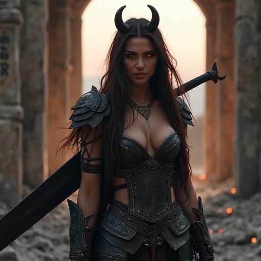 Beautiful female warrior stands in front of a ruined gothic temple at dusk. Long dark brown hair with crimson streaks. Glowing red eyes, small black horns. Wears revealing ceremonial armor made of dark metal and leather. Large heavy black-bladed sword rests on her shoulder. Calm expression with a gentle smile. Dark fantasy atmosphere with drifting ash and glowing runes.