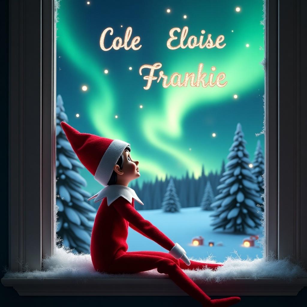 The image features an elf on the shelf sitting on a windowsill, looking up at the sky. The scene is illuminated by vibrant northern lights creating a magical atmosphere. Surrounding the elf are snow-covered pine trees enhancing the winter setting. His attire is bright red with fluffy white trim, embodying the essence of Christmas. Above, the names Cole, Eloise, and Frankie are elegantly written in sparkling letters, adding a personal touch to the festive scene.