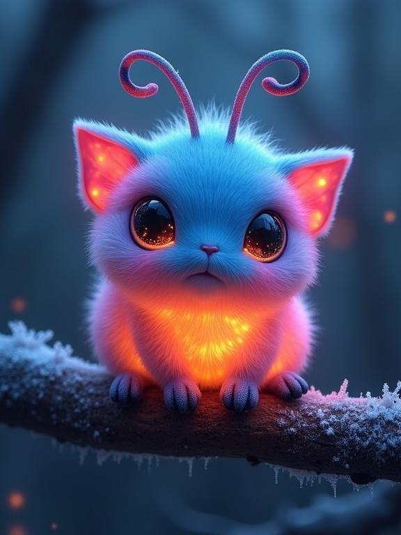 Emberglow Mothlet is a small, plush-like creature perched on a dark branch. It glows with electric blue, hot pink, and fiery orange colors. Its fur is fluffy and iridescent. Huge glossy eyes reflect stars. Antennae have glowing tips. It sits softly with curled feet, looking curious in a magical forest setting.