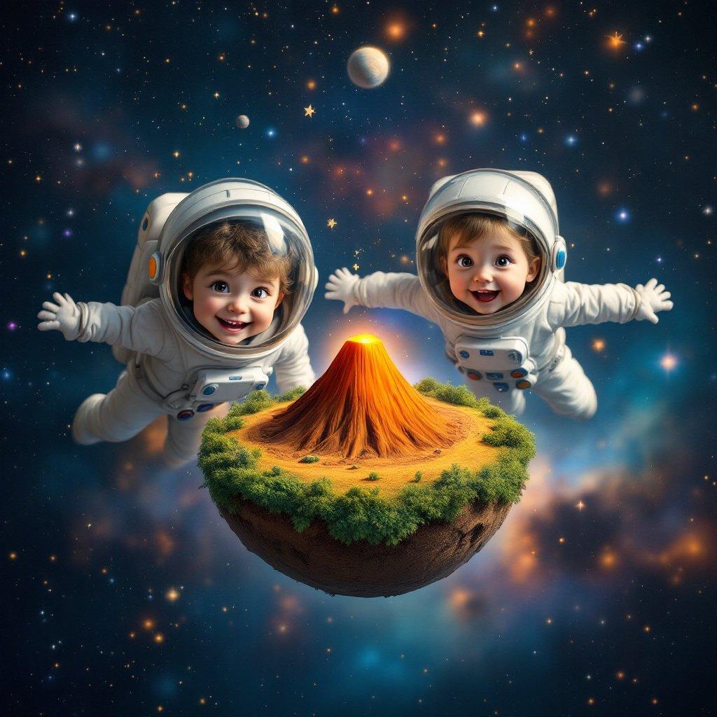 Picture of two children dressed in astronaut suits floating in space. They are experiencing joy and wonder. A small planet with a volcano is in the center. The background is filled with stars and colorful nebulae creating a magical atmosphere.