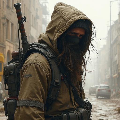A sketchy young man in a post-apocalyptic setting. He wears a hooded jacket with a rugged, unkempt appearance. The scene is urban and desolate.