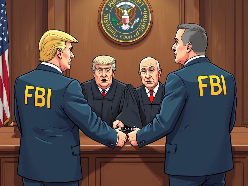 Cartoon illustration of two FBI agents handcuffing surprised Supreme Court judges inside the US Supreme Court. Two agents in blue uniforms with 'FBI' on them. Judges wearing black robes. US flag in background. No text.