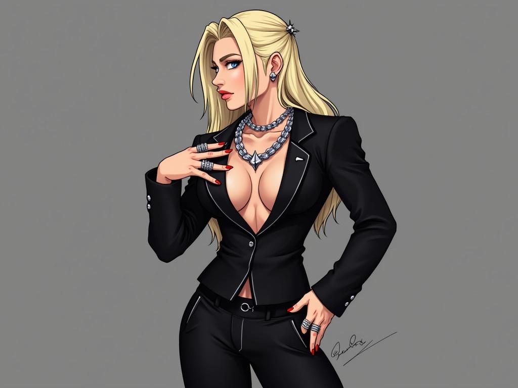 The character depicted is a stylish individual dressed in a fitted black suit that accentuates their physique. They have a confident pose, one hand resting casually on their chest while the other hand shows off some accessories, including rings. Their outfit is complemented by a flashy chain around their neck, adding to the overall flamboyant look. The character has long, sleek blond hair styled with a small accessory on top. Their attire is edgy and modern, reflecting a charismatic personality.