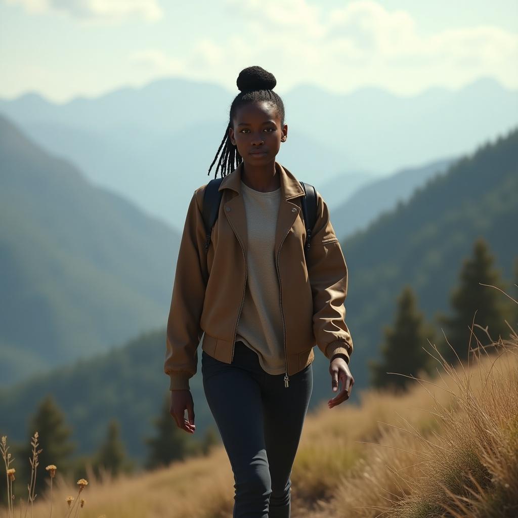 University black girl walking in the mountains. She appears fit and healthy. The background shows vast green mountains under a clear sky. The scene is photorealistic.