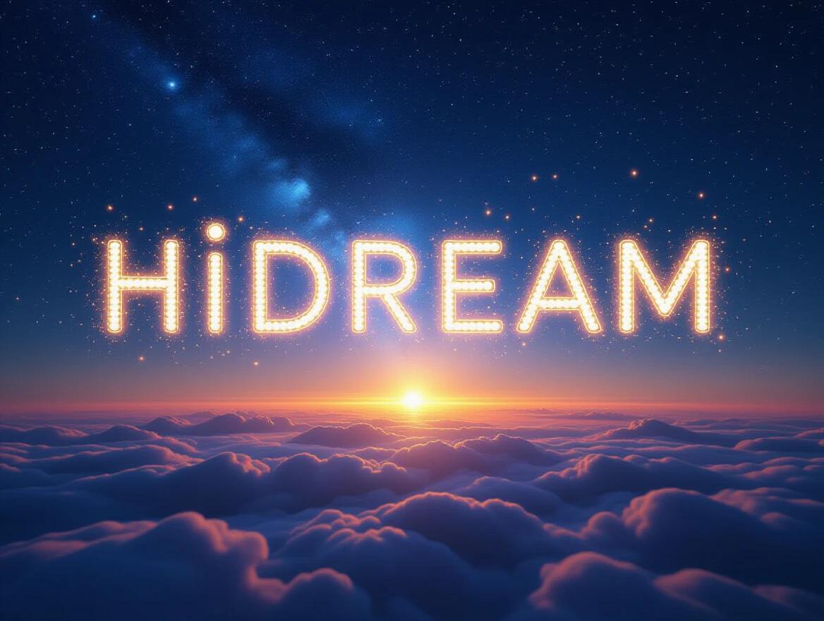 A luminous dreamscape forms the word 'HiDream' in glowing particles above a surreal horizon filled with stars.