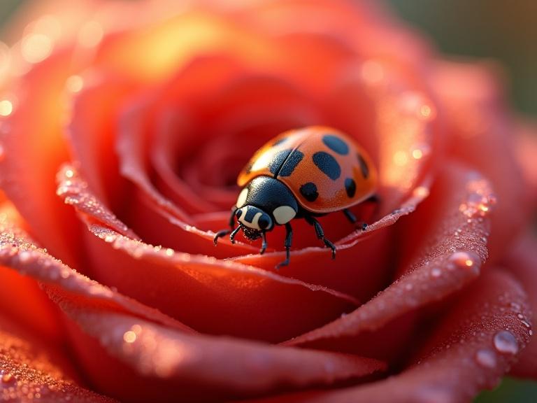 3D macro photography of a tiny ladybug on a dewy rose petal. Sunlight illuminates the scene with intricate textures and vivid colors.