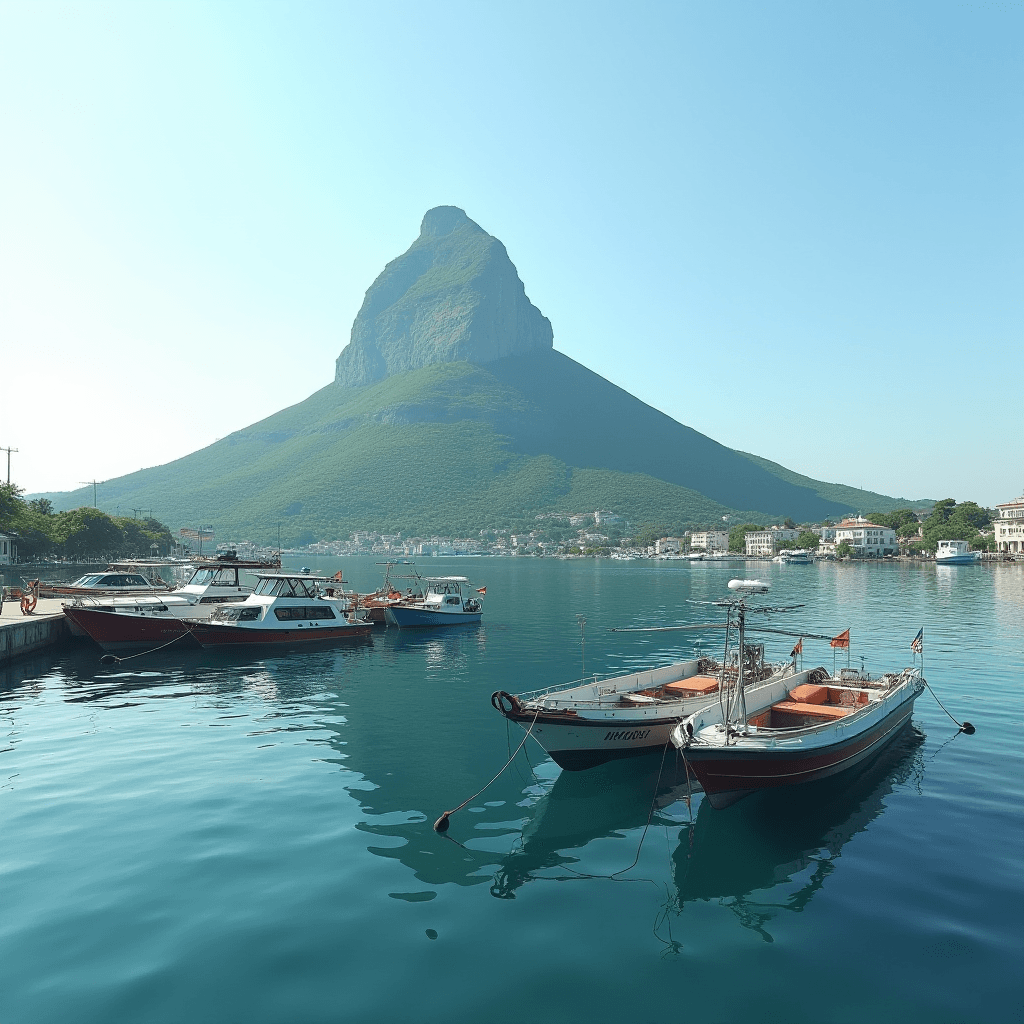 A serene harbor scene with boats anchored on calm blue-green waters beneath a majestic cone-shaped mountain under a clear blue sky.