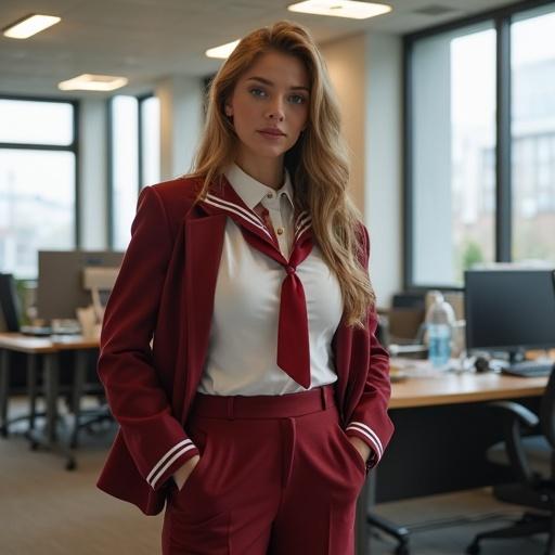 Woman wearing red suit in an office environment with bright windows and desks