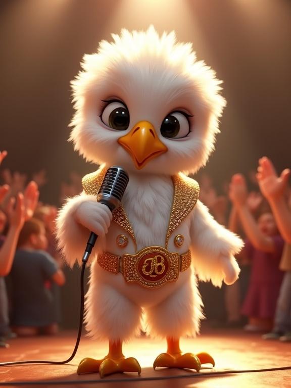 A baby bald eagle walks confidently onto a stage. The eagle has big expressive eyes and soft white feathers. It wears a white and gold Elvis-style jumpsuit with rhinestones and a large golden belt. The eagle holds a vintage microphone. The crowd claps excitedly in the background. Stage lights shine down dramatically. The image is in a 3D semi-realistic cartoon style with warm lighting.